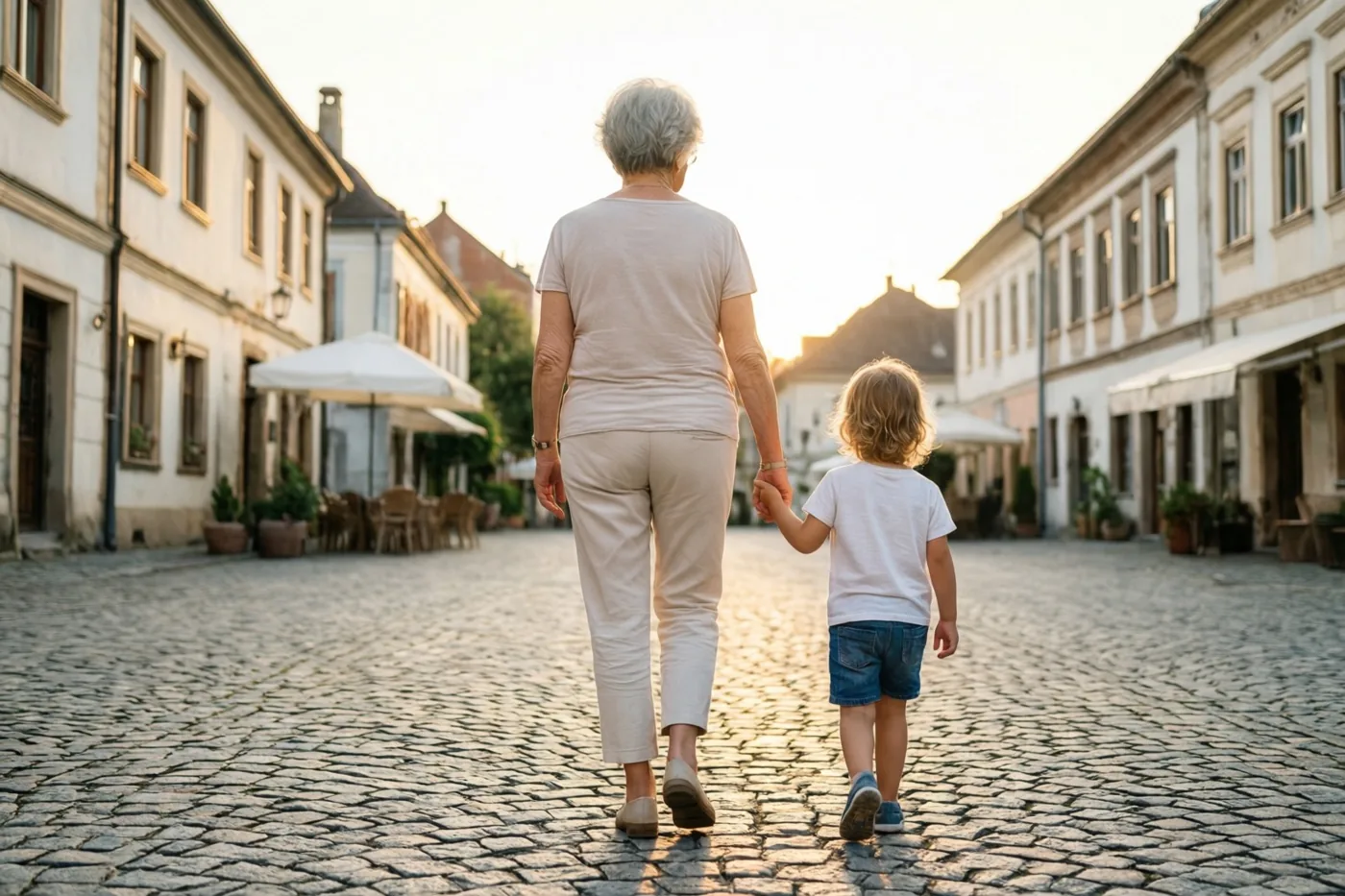 Een oudere vrouw en een klein kind wandelen hand in hand over een dorpsplein met kasseien in goudkleurig avondlicht, van achteren gezien met gebouwen en terrasstoelen op de achtergrond.