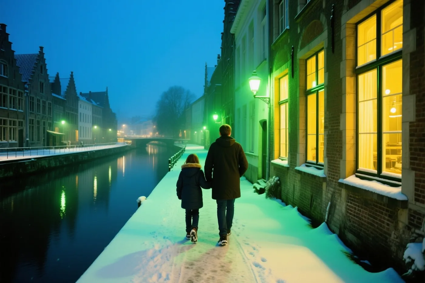 Een volwassene en een kind wandelen met hun rug naar de camera langs een besneeuwd kanaal in Gent, onder een donkerblauwe schemerlucht met gele raamlichten en groene straatlantaarns.