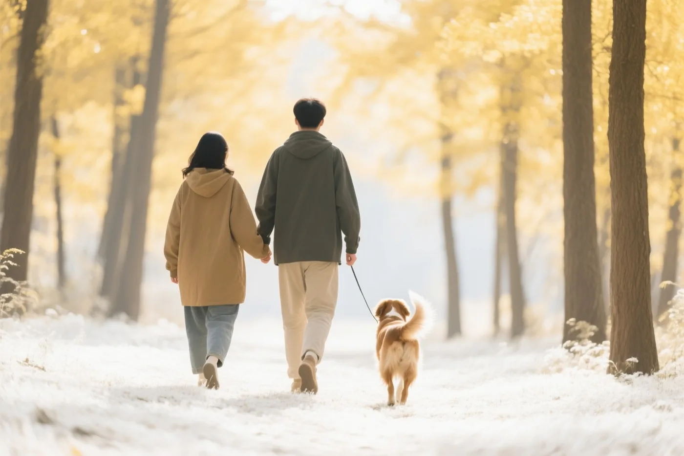 Twee mensen wandelen met een hond over een pad door een bos met gouden herfstbladeren, van achteren gezien in zacht, warm licht.