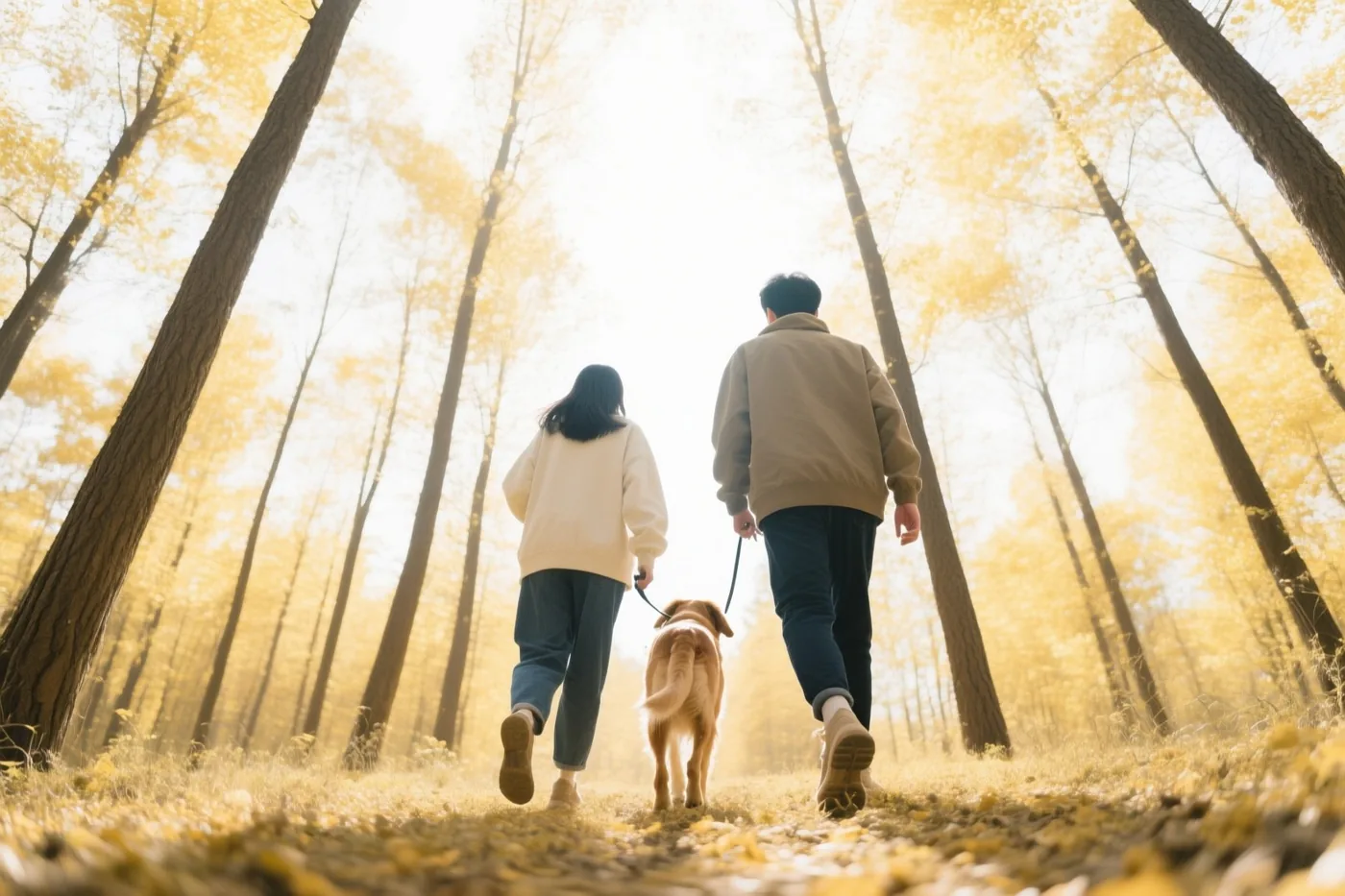 Twee mensen en een hond wandelen met de rug naar de kijker over een bladerpad tussen hoge bomen met gouden bladeren in zacht zonlicht.