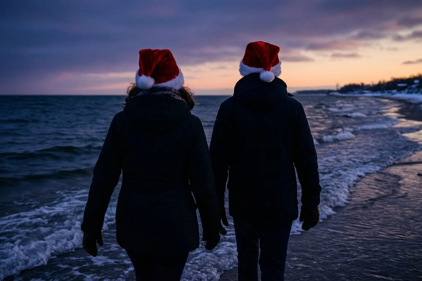 Twee mensen met rode kerstmutsen wandelen met hun rug naar de camera langs de winterse waterlijn bij schemering, onder een blauw-paarse lucht met een oranje gloed aan de horizon.