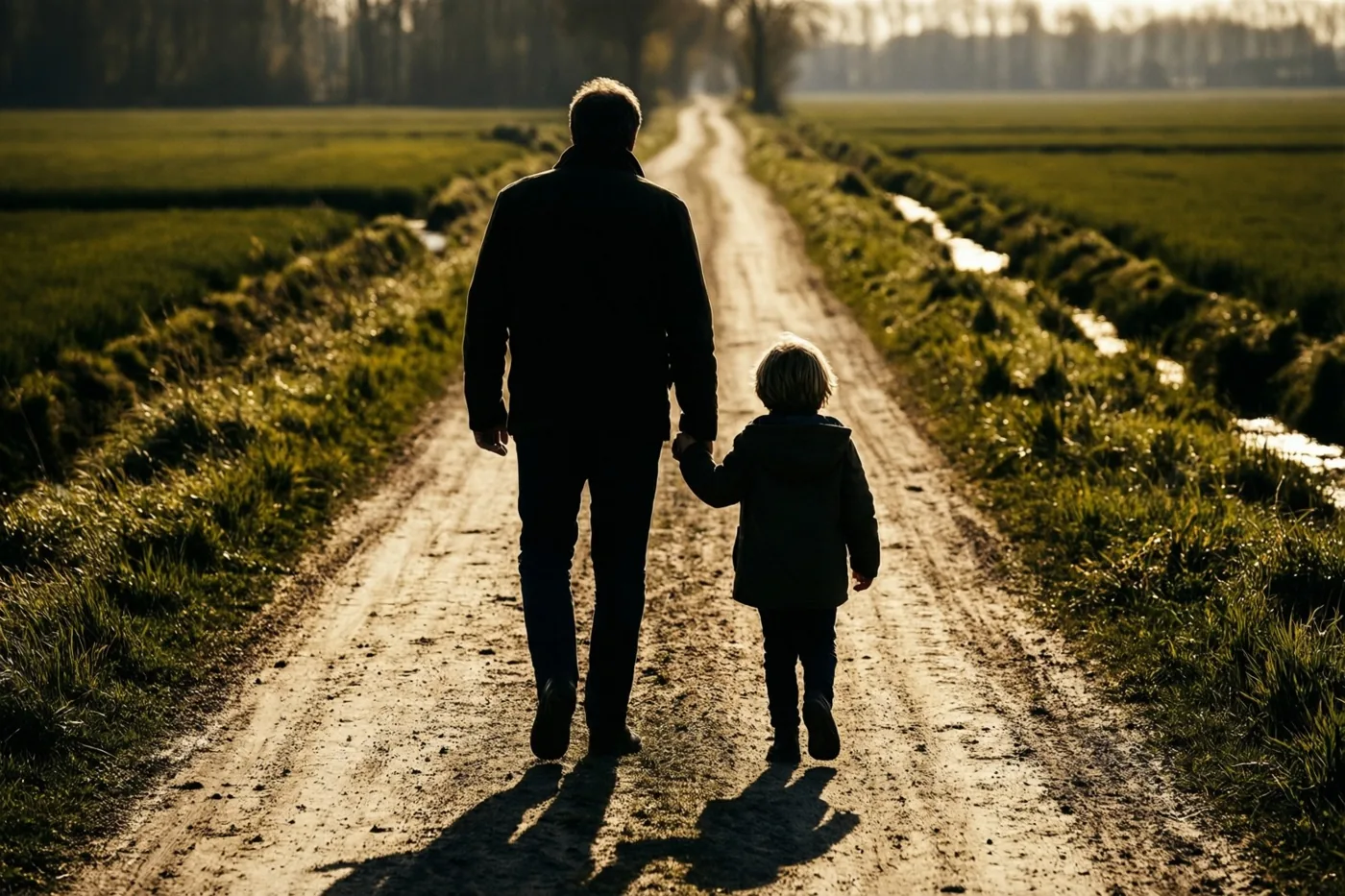 Een vader en kind wandelen van achteren gezien hand in hand over een onverharde weg door groene polders, met lange schaduwen in het gouden zonlicht.