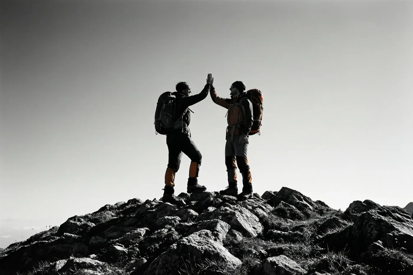 Twee wandelaars geven elkaar als silhouetten een high five op een rotsachtige bergtop tegen een heldere, bewolkte hemel in een grotendeels monochroom beeld met oranje uitrustingsaccenten.