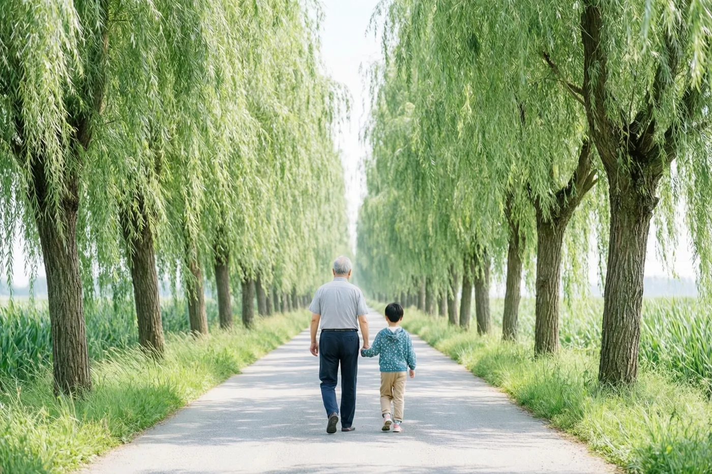 Een oudere man en een klein kind wandelen hand in hand over een verhard pad met treurwilgen, van achteren gezien in helder daglicht met weelderig groen en een heldere hemel.
