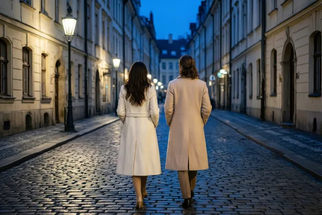 Twee mensen in elegante jassen lopen van de camera weg door een smalle kasseistraat, onder warme straatverlichting en een koelblauwe schemerlucht.