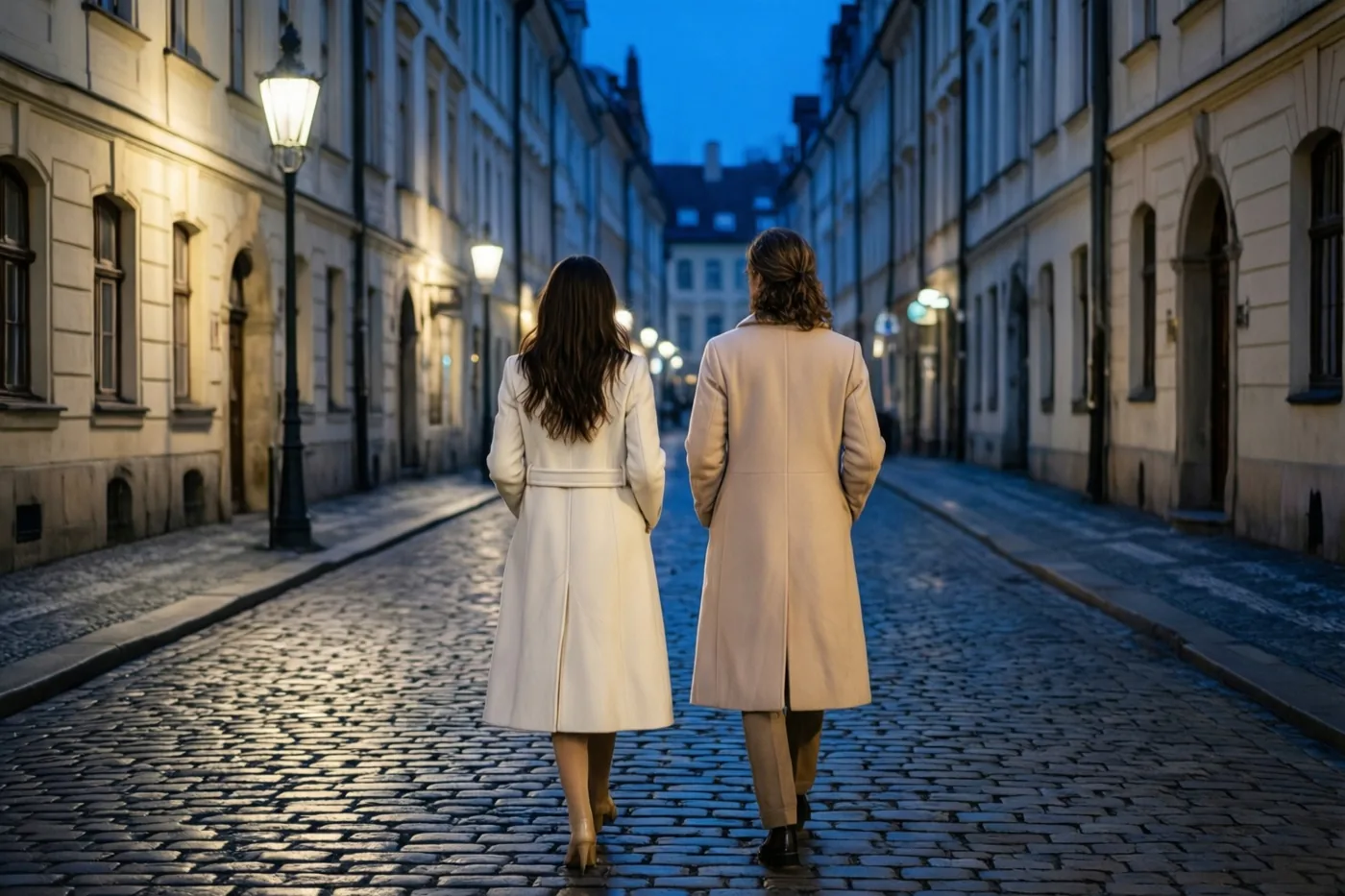 Twee mensen in elegante jassen lopen van de camera weg door een smalle kasseistraat, onder warme straatverlichting en een koelblauwe schemerlucht.
