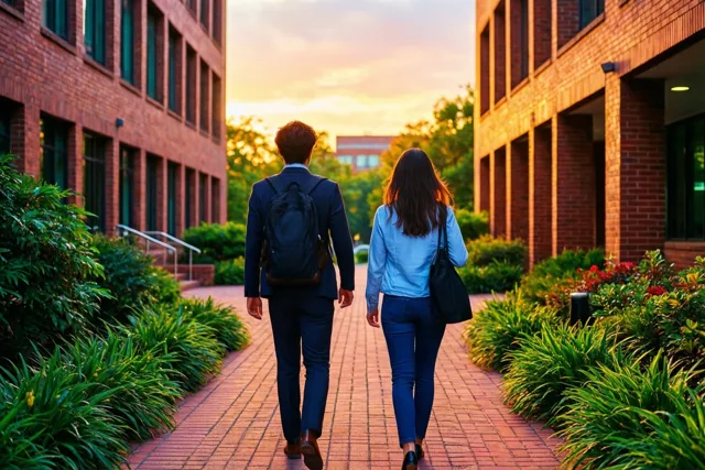 Twee mensen wandelen van achteren gezien over een bakstenen pad tussen bakstenen gebouwen, met groen aan weerszijden en goudoranje licht van de zonsondergang.