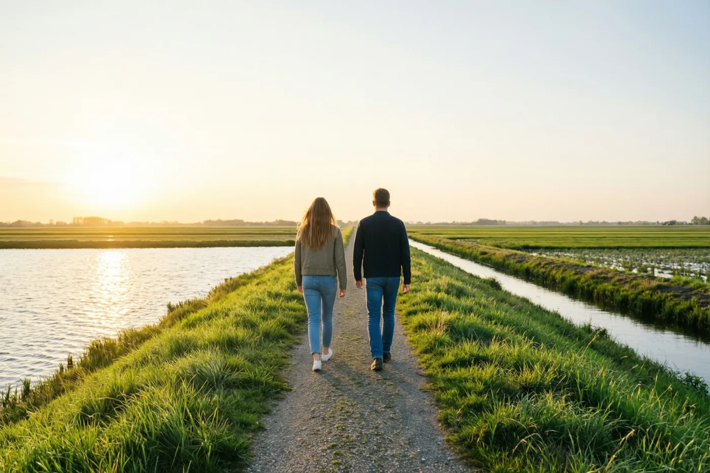 Twee mensen wandelen van de kijker weg over een grasdijk door de polders, met rustig water aan weerszijden in het gouden licht van de ondergaande zon.