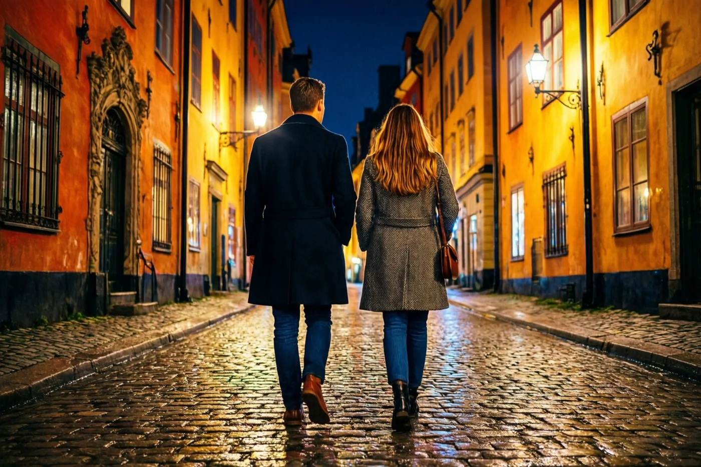 Twee mensen in elegante jassen lopen van de camera weg door een natte kasseistraat langs historische gebouwen, in goudkleurig en oranje licht van straatlampen en gevels.