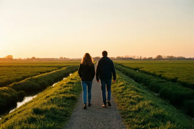 Twee mensen wandelen met hun rug naar de kijker over een smal pad tussen groene velden onder een heldere hemel bij zonsondergang.