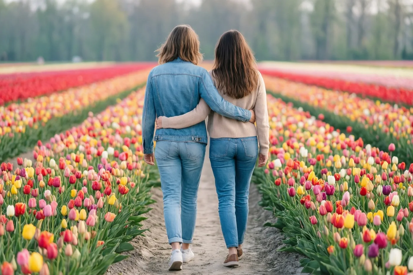 Twee mensen wandelen gearmd over een aardeweg tussen rijen rode, gele, roze en witte tulpen, van achteren gezien bij zacht daglicht.
