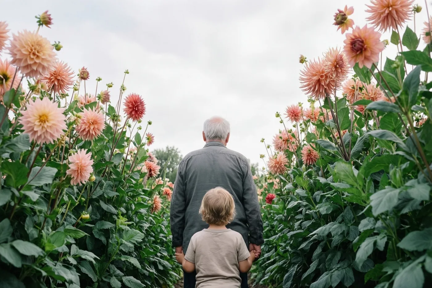 Een oudere man en een klein kind lopen van achteren gezien hand in hand door een veld met hoge dahlia’s onder een bewolkte hemel.