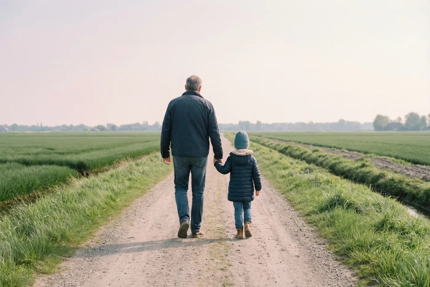Een vader en kind wandelen van achteren gezien hand in hand over een onverhard pad door groene poldervelden.