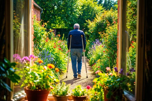 Door een raam met bloempotten is een oudere persoon met grijs haar van achteren te zien die op krukken over een grindpad in een zonnige, bloemrijke tuin loopt.