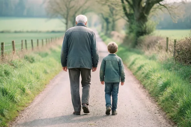 Een oudere man en een jong kind lopen van de kijker weg over een landelijke grindweg tussen groen gras en bomen.