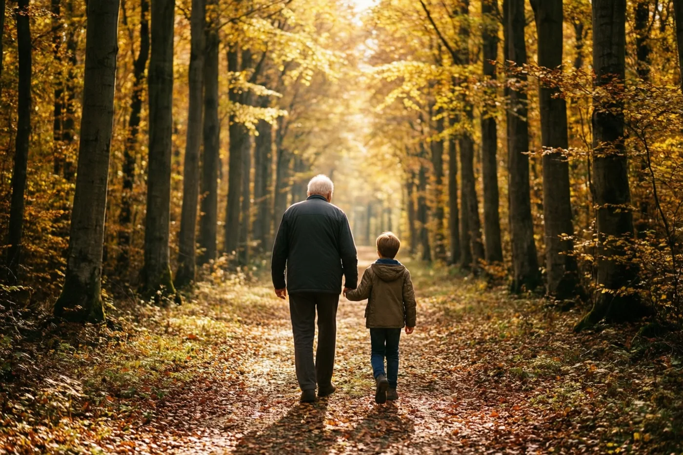 Een oudere persoon en een kind wandelen hand in hand over een bospad tussen hoge beuken, met warm goudkleurig herfstlicht door het gebladerte.