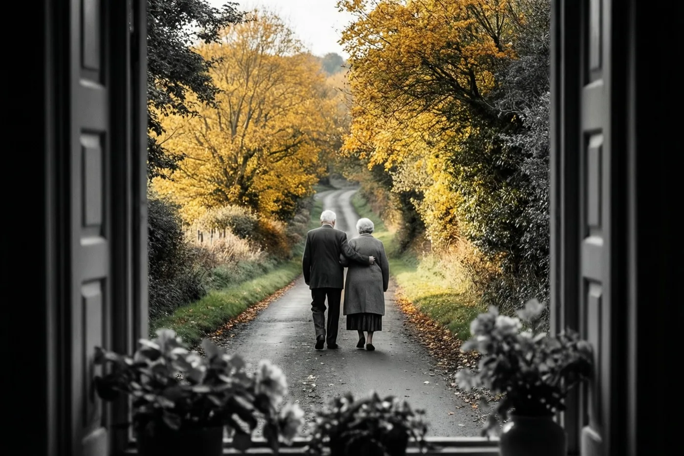 Door een open deuropening is vanuit een kamer een ouder koppel te zien dat arm in arm over een landweg tussen goudgele herfstbladeren wandelt.