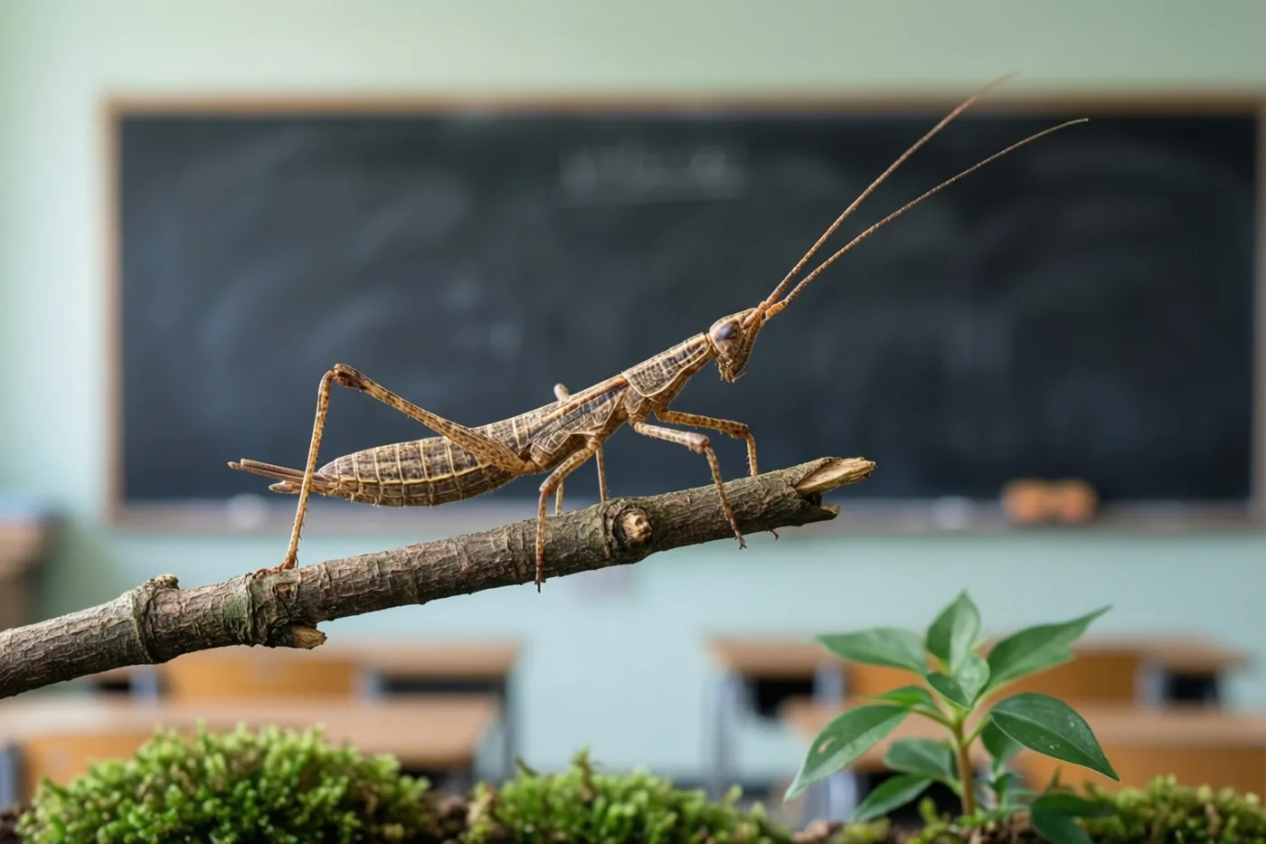 Een wandelende tak zit op een twijg in een terrarium in een klas met een schoon schoolbord en lichtblauwe muren, in bruine en groene tinten.