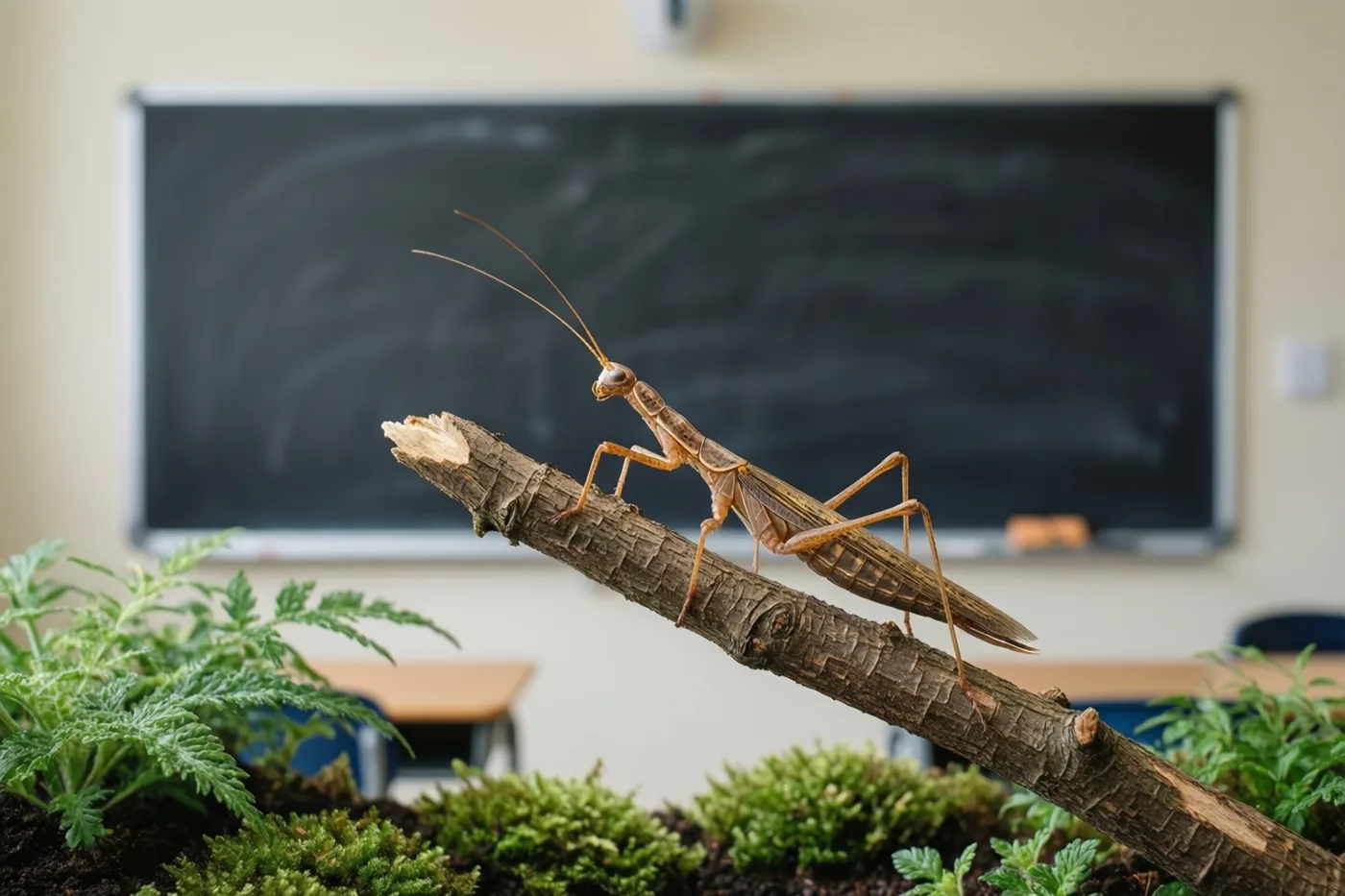 Een wandelende tak zit op een twijg in een terrarium tussen groen mos en planten, met een schoon schoolbord op de achtergrond in zacht licht.