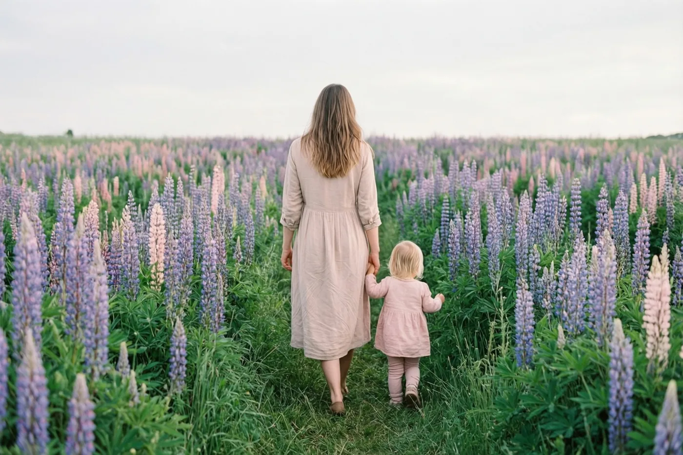 Een moeder en een klein kind wandelen van op de rug gezien hand in hand door een uitgestrekt veld paarse en roze lupinen onder een gedempte hemel.