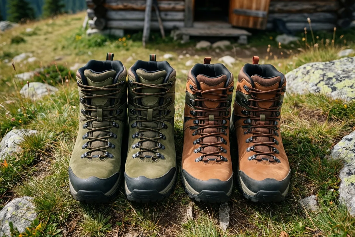 Twee paar wandelschoenen, een olijfgroen en een bruin paar, staan naast elkaar op gras bij een houten berghut.