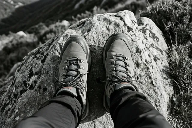 Een zwart-witfoto toont stevige wandelschoenen op een grote rots bovenaan een pad met ruige bergen op de achtergrond.