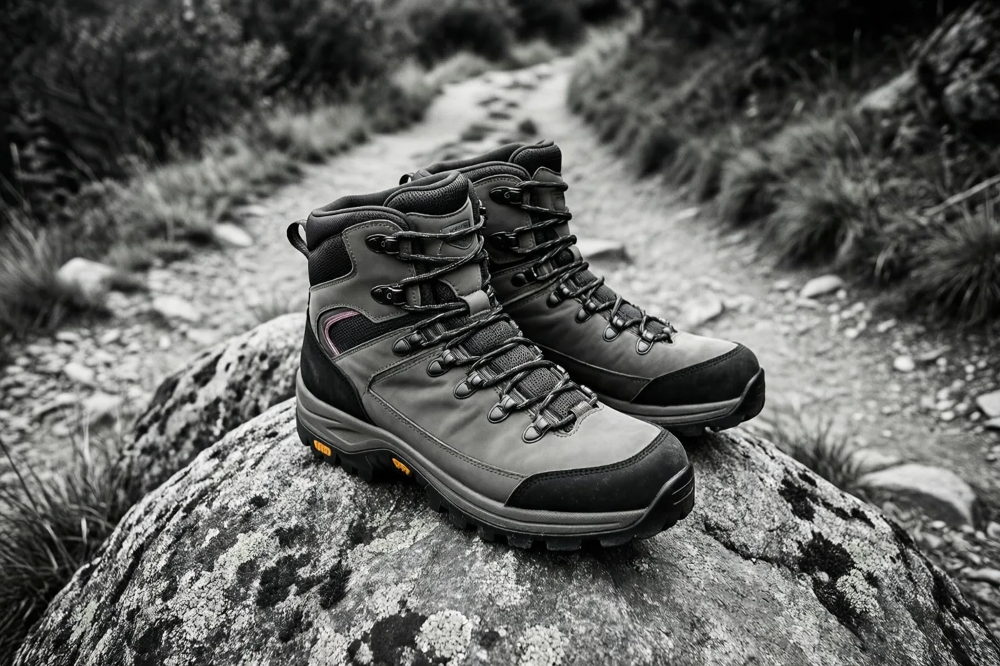 Een paar stevige wandelschoenen met oranje accenten op de zolen staat op een grote rots bovenaan een pad, in een verder vrijwel monochroom landschap met begroeiing.