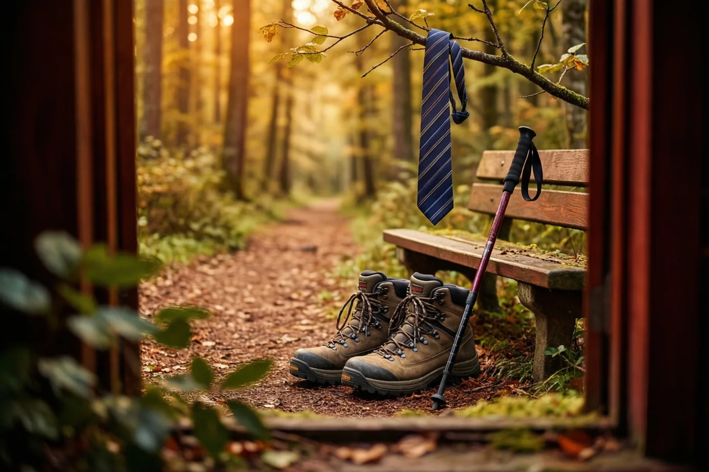 Een paar versleten wandelschoenen en een wandelstok staan naast een houten bank aan een bospad met herfstbladeren in warm gouden licht, gezien door een houten kader.