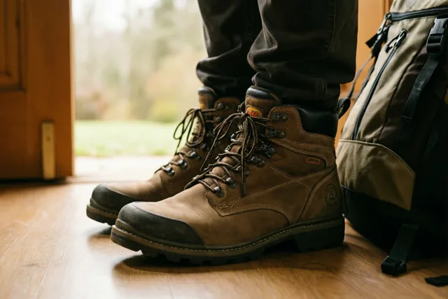 Bruine wandelschoenen staan naast een groen-zwarte rugzak bij een houten deur op een houten vloer, met daglicht vanuit de deuropening.