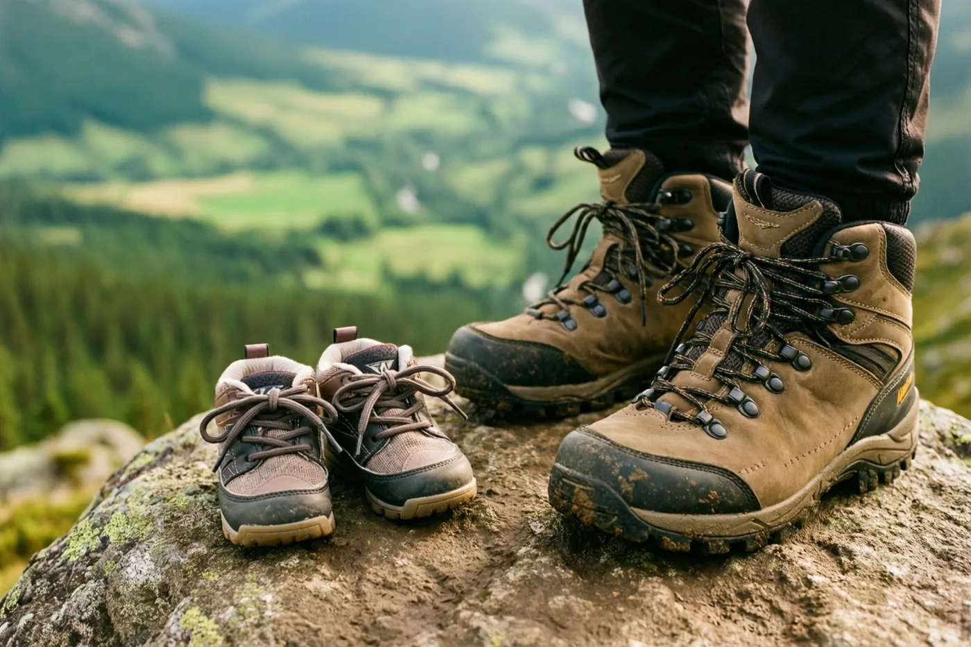 Kleine kinderwandelschoenen en modderige wandelschoenen voor volwassenen staan op een bemoste rots met uitzicht op een weelderig groene vallei.