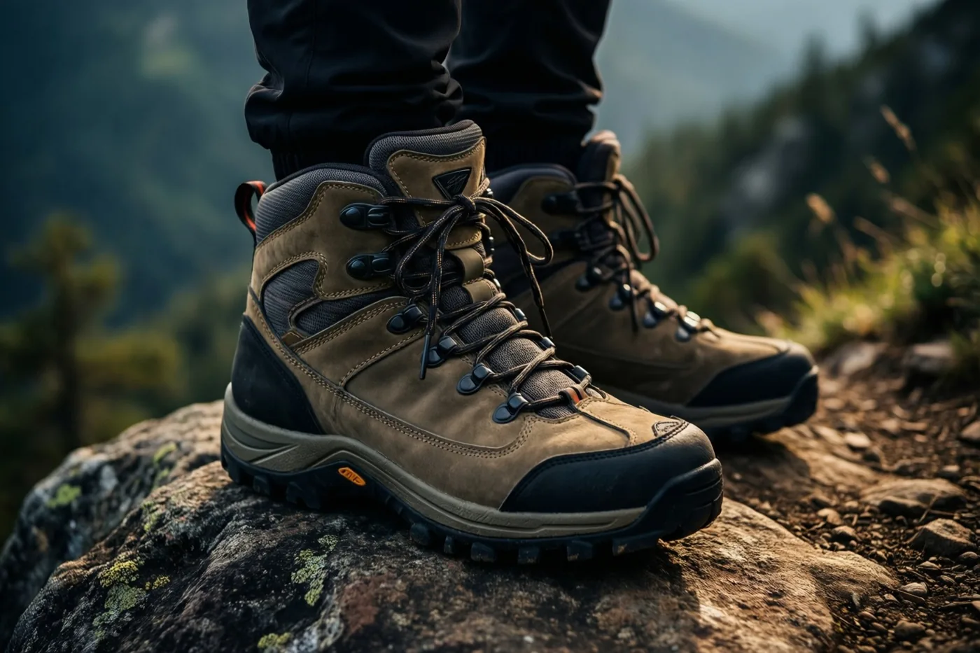 Een paar stevige wandelschoenen staat op een bemoste rots bovenaan een bergpad in een bosrijke bergomgeving.