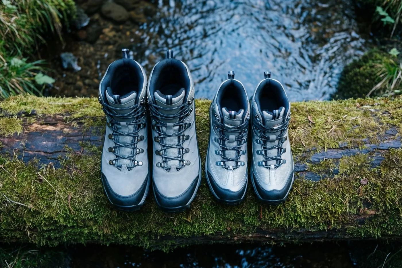 Twee paar wandelschoenen, een groter en een kleiner paar, staan naast elkaar op een bemoste boomstam naast een stromende beek, in groene, grijze en blauwe tinten.