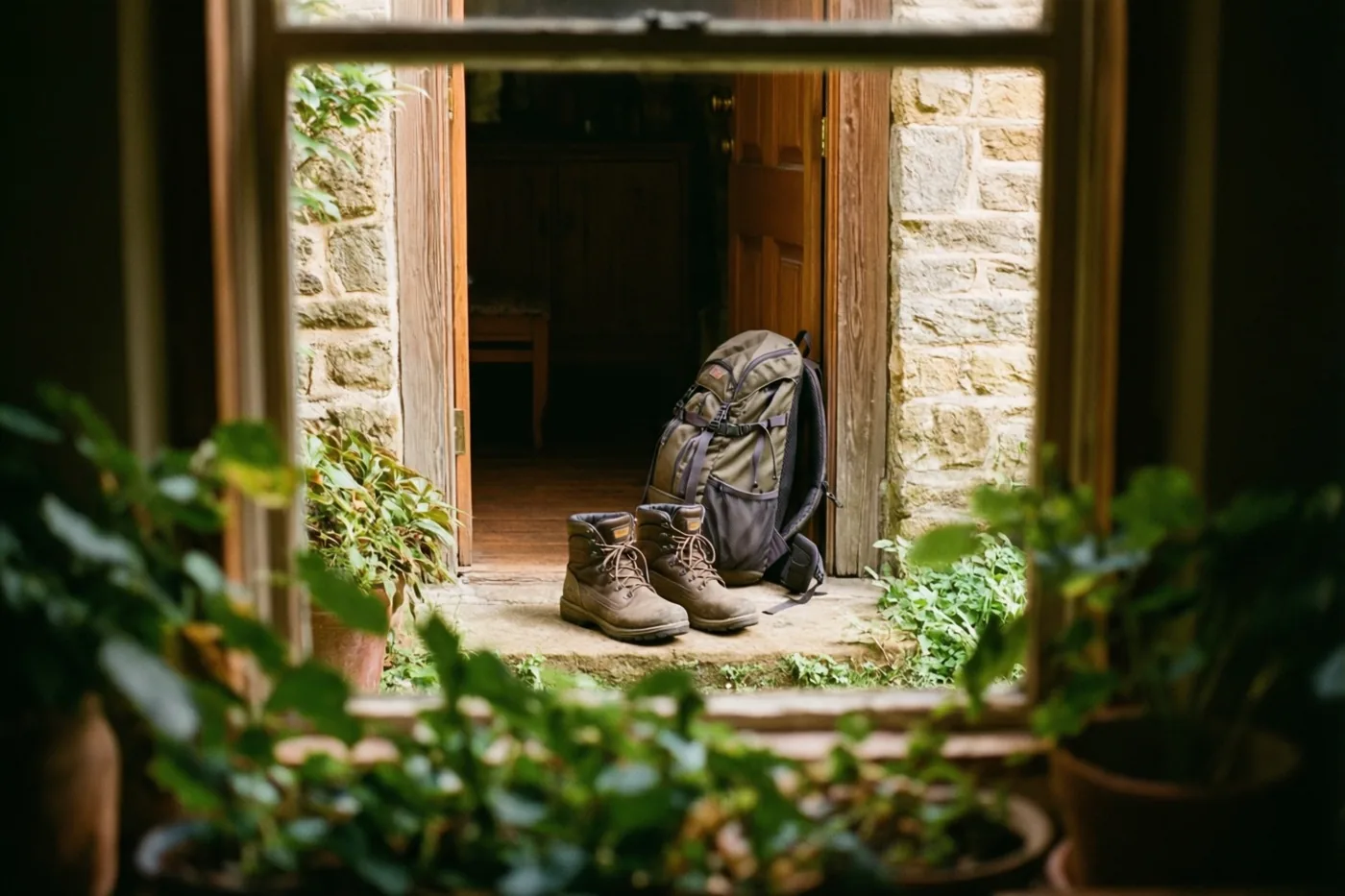 Door een houten raam zijn bruine wandelschoenen en een groene rugzak op een stenen drempel te zien, met onscherpe potplanten vooraan en een houten deur erachter.