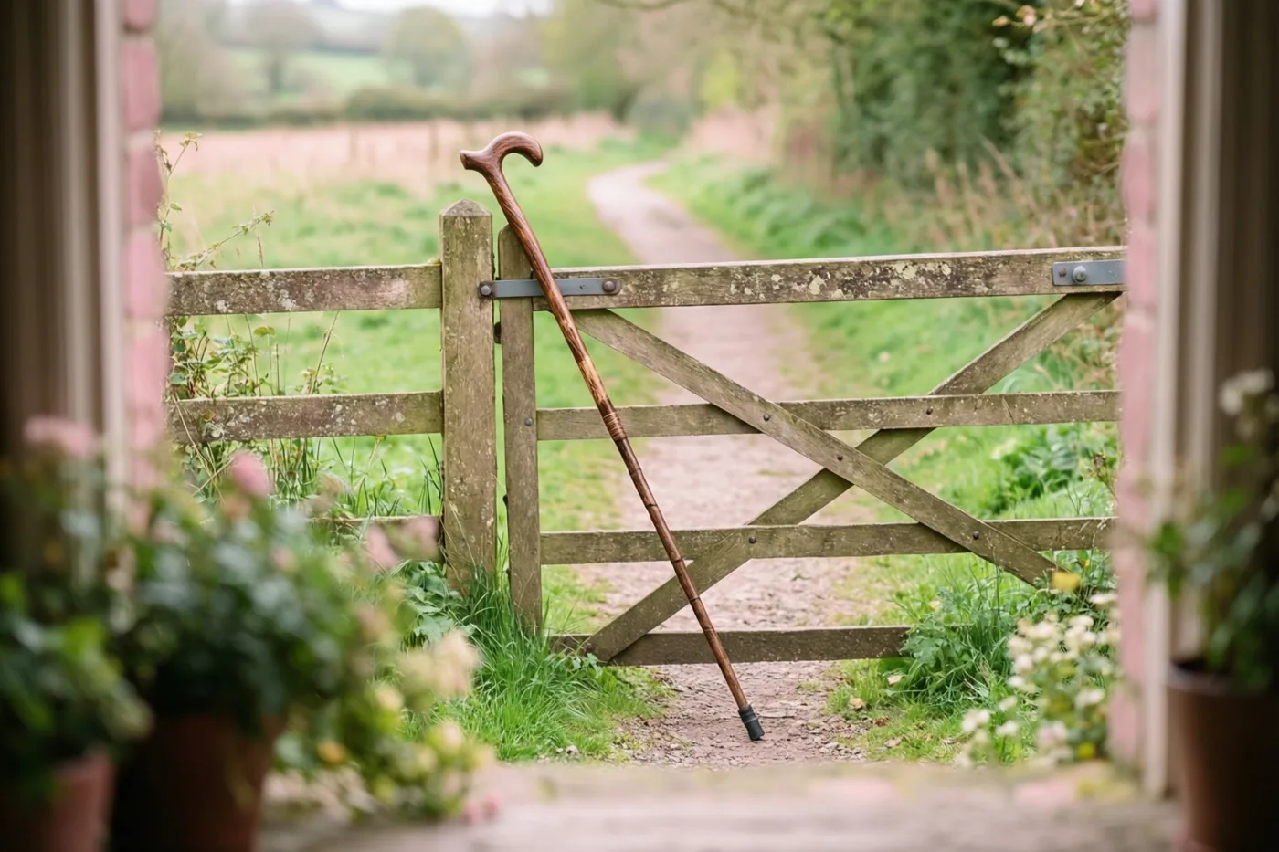 Door een raam met potplanten is een houten wandelstok tegen een houten overstapje te zien, bij een kronkelend pad door groene velden.