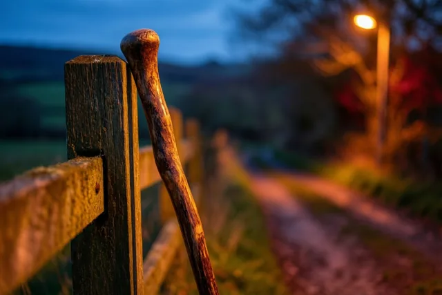 Een houten wandelstok leunt tegen een verweerd houten overstapje op een landelijk pad bij schemering, met warm straatlamplicht onder een koele blauwe hemel.