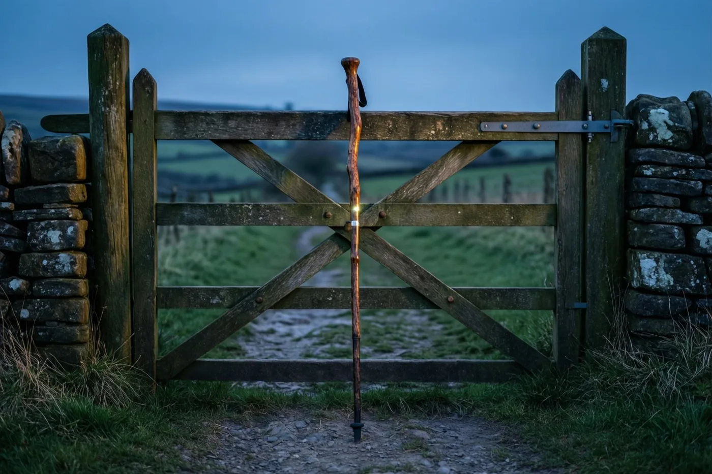 Een houten wandelstok leunt tegen een houten overstapje op een landelijk grindpad bij schemering in koele blauwe en groene tinten.