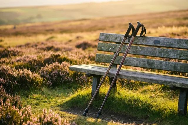 Twee houten wandelstokken leunen tegen een verweerde houten bank op een heide met paarse bloemen in het gouden licht van de zonsondergang.