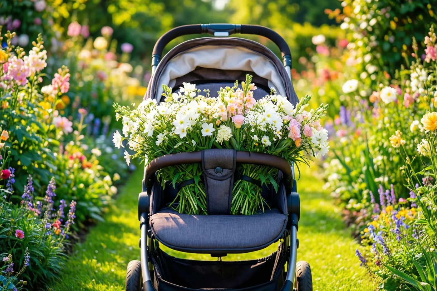 Een wandelwagen gevuld met witte en pastelkleurige bloemen staat midden in een zonnige tuin vol groen en kleurrijke bloemen.