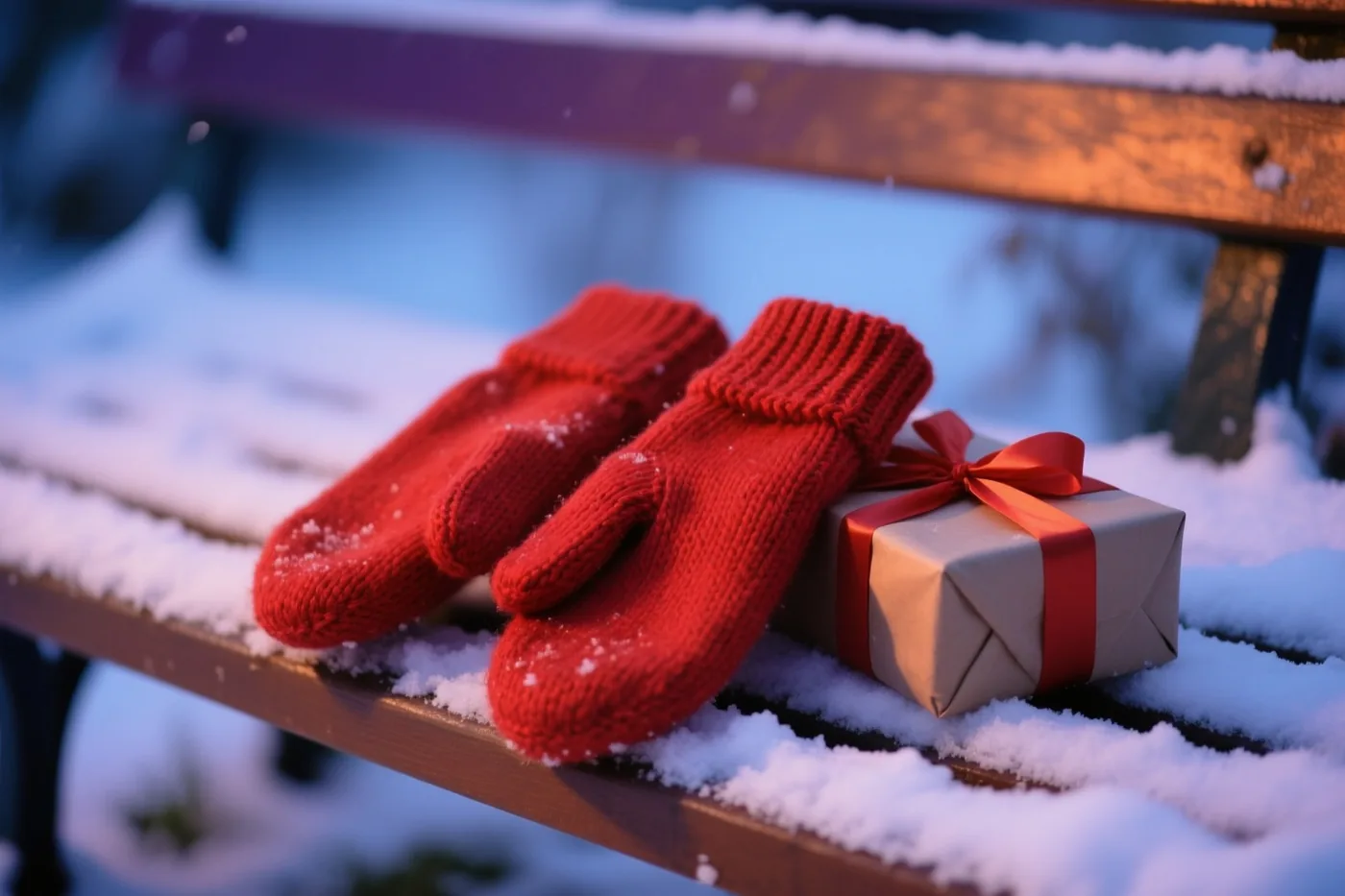 Rode gebreide wanten en een cadeau in bruin papier met een rood lint liggen op een besneeuwde houten tuinbank bij schemering, in warm licht tegen een blauw-witte achtergrond.