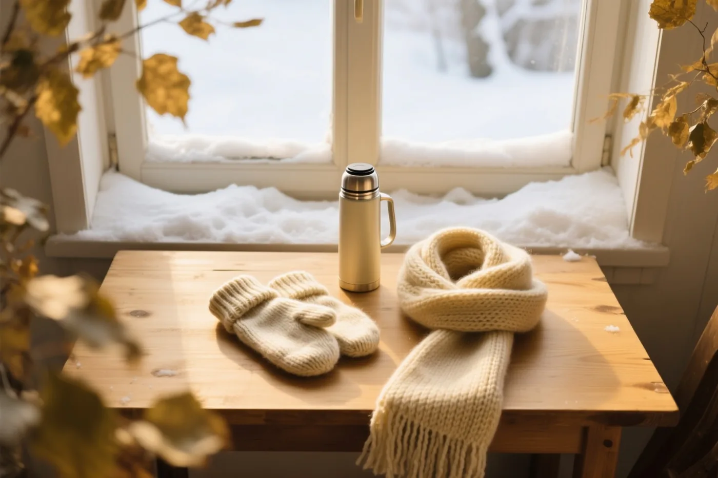 Op een houten tafel liggen crèmekleurige gebreide wanten en een bijpassende wollen sjaal met franjes naast een gouden thermosfles, bij een raam met zicht op sneeuw en goudkleurige herfstbladeren.