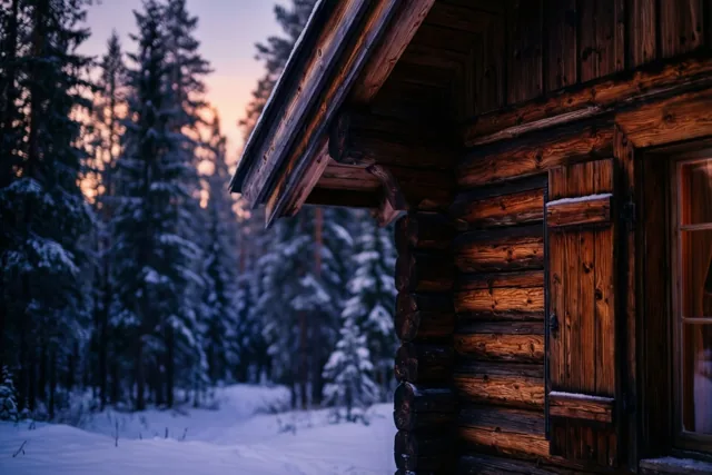 Een houten huisje met sneeuw op dak en vensterbank is van dichtbij te zien, met warm binnenlicht tegen een besneeuwd bos in blauwe en paarse schemertinten.