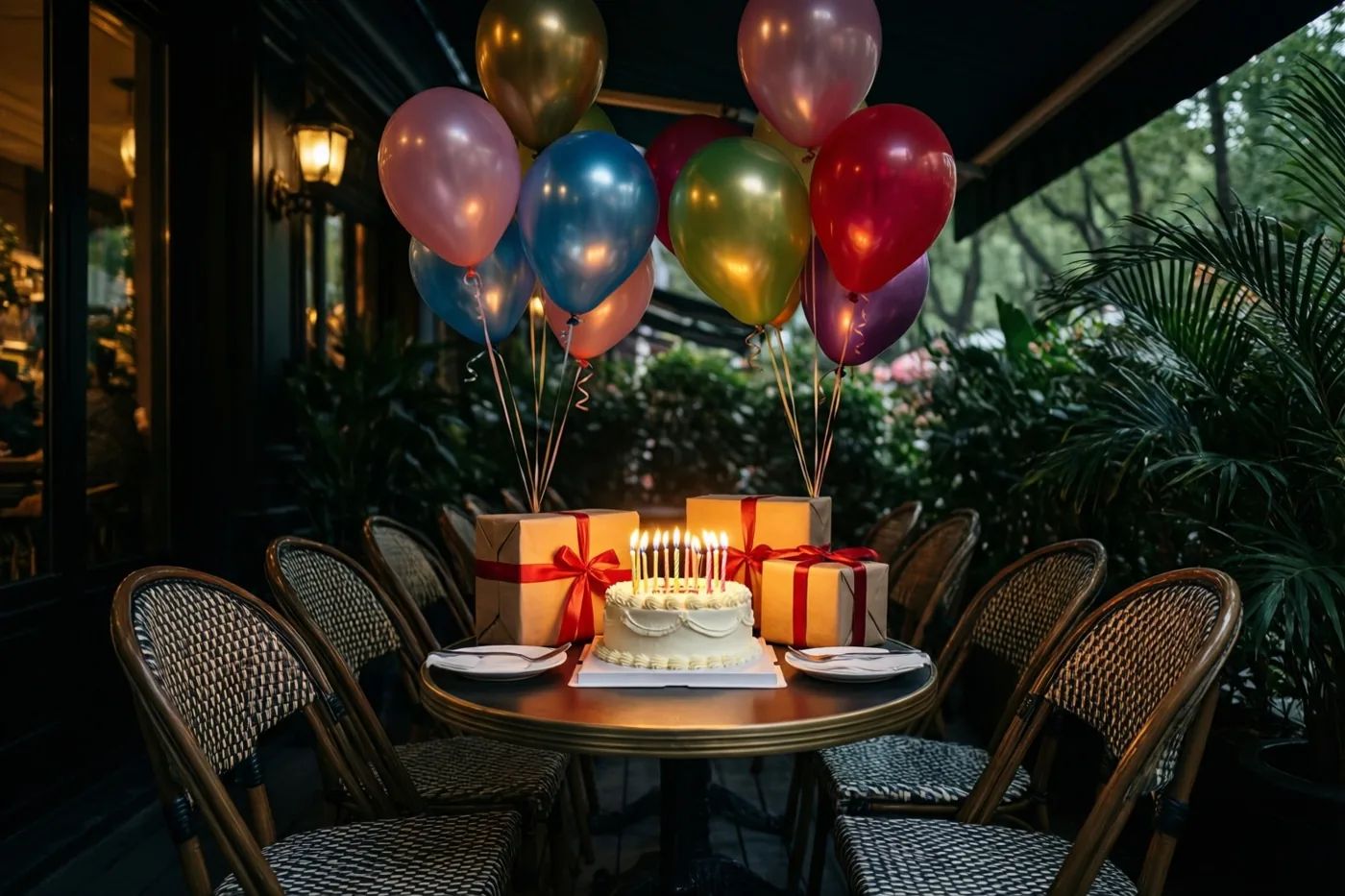 Een caféterrastafel met een taart met brandende kaarsjes, ingepakte cadeaus en kleurrijke ballonnen is warm verlicht tegen een achtergrond van groen en een donkere gevel.
