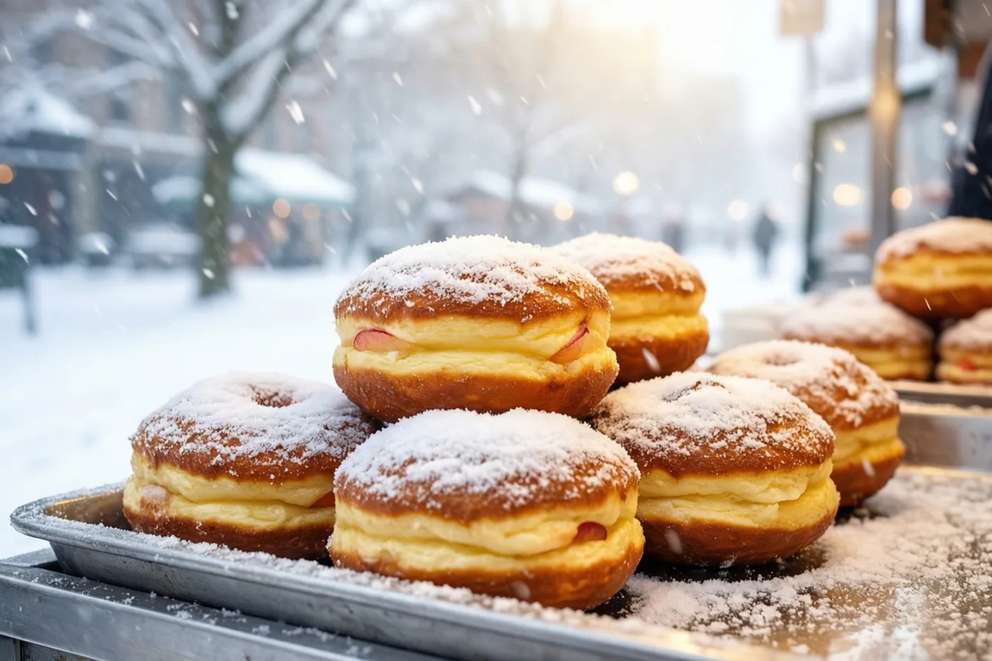 Een schaal warme appelbeignets met bloemsuiker staat bij een buitenkraam in zacht, warm licht, met vallende sneeuw op de achtergrond.
