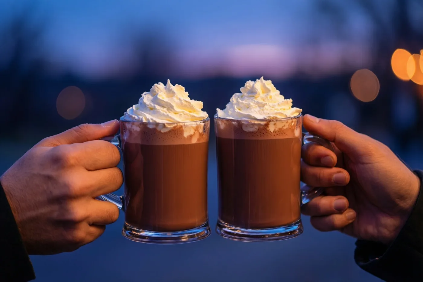Twee handen klinken glazen mokken warme chocolademelk met slagroom tegen elkaar, met een schemerlucht en wazige lichtjes op de achtergrond.