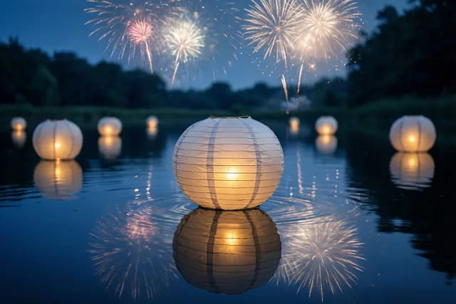 Warme papieren lantaarns drijven op een donkere vijver met kleurrijke weerspiegelingen van vuurwerk, onder een diepblauwe hemel met donkere bomen.