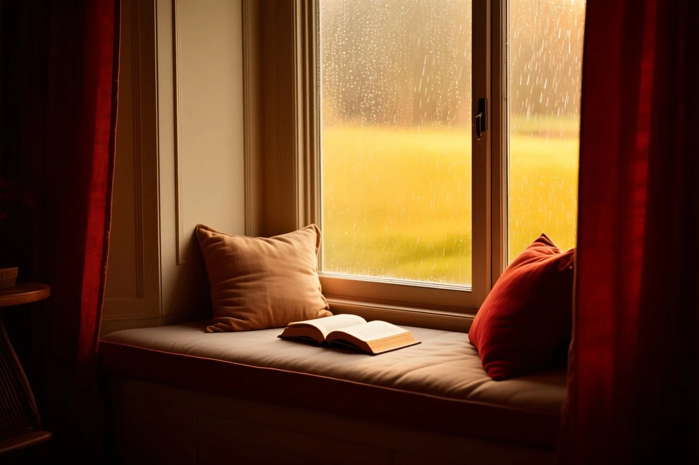 Een zitbank bij een regenachtig raam heeft kussens en een open boek, met warm licht in rode, beige en gele tinten.