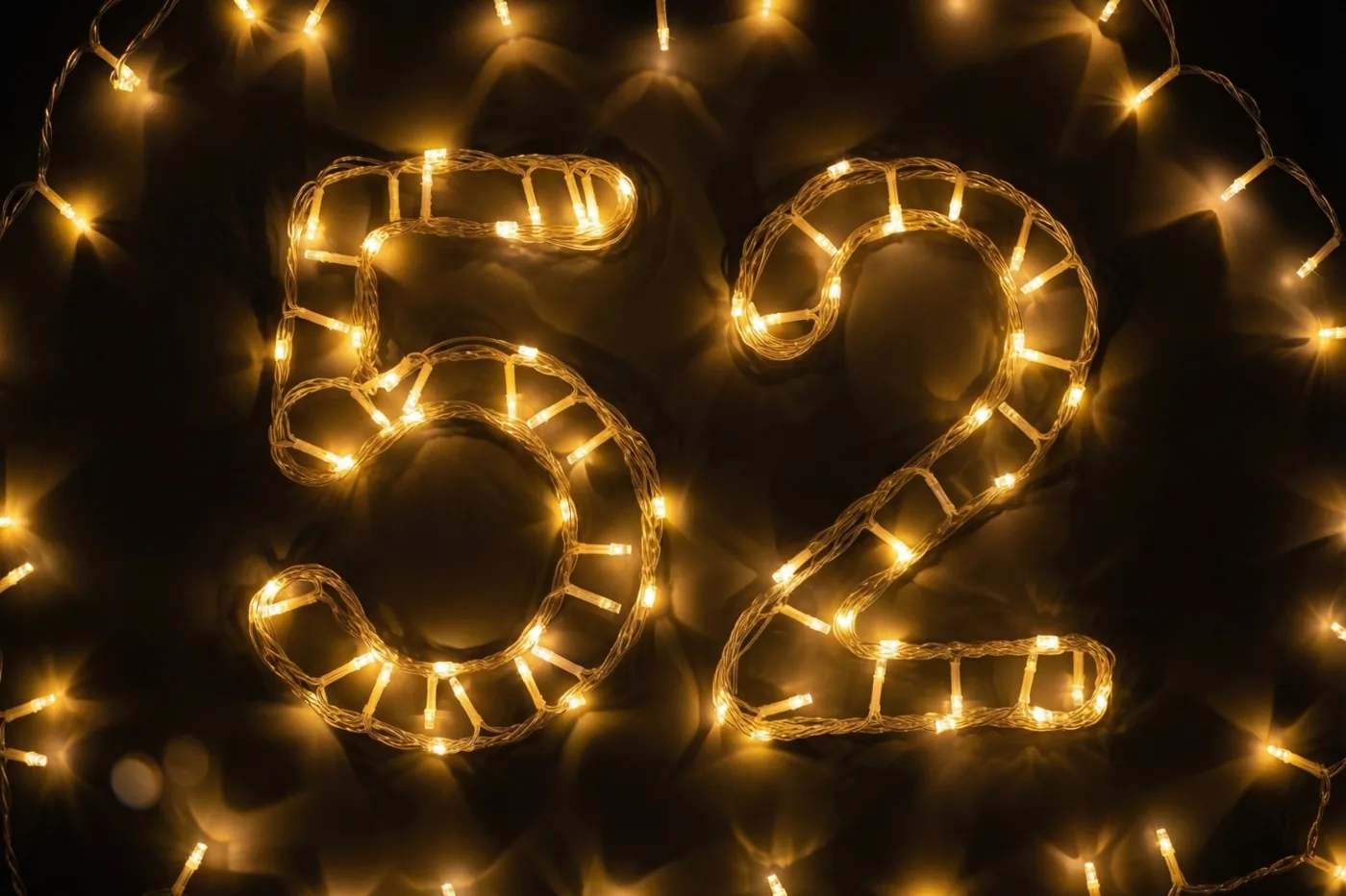 Warme lichtjes vormen het getal 52 tegen een donkere achtergrond met zachte lichtvlekken.