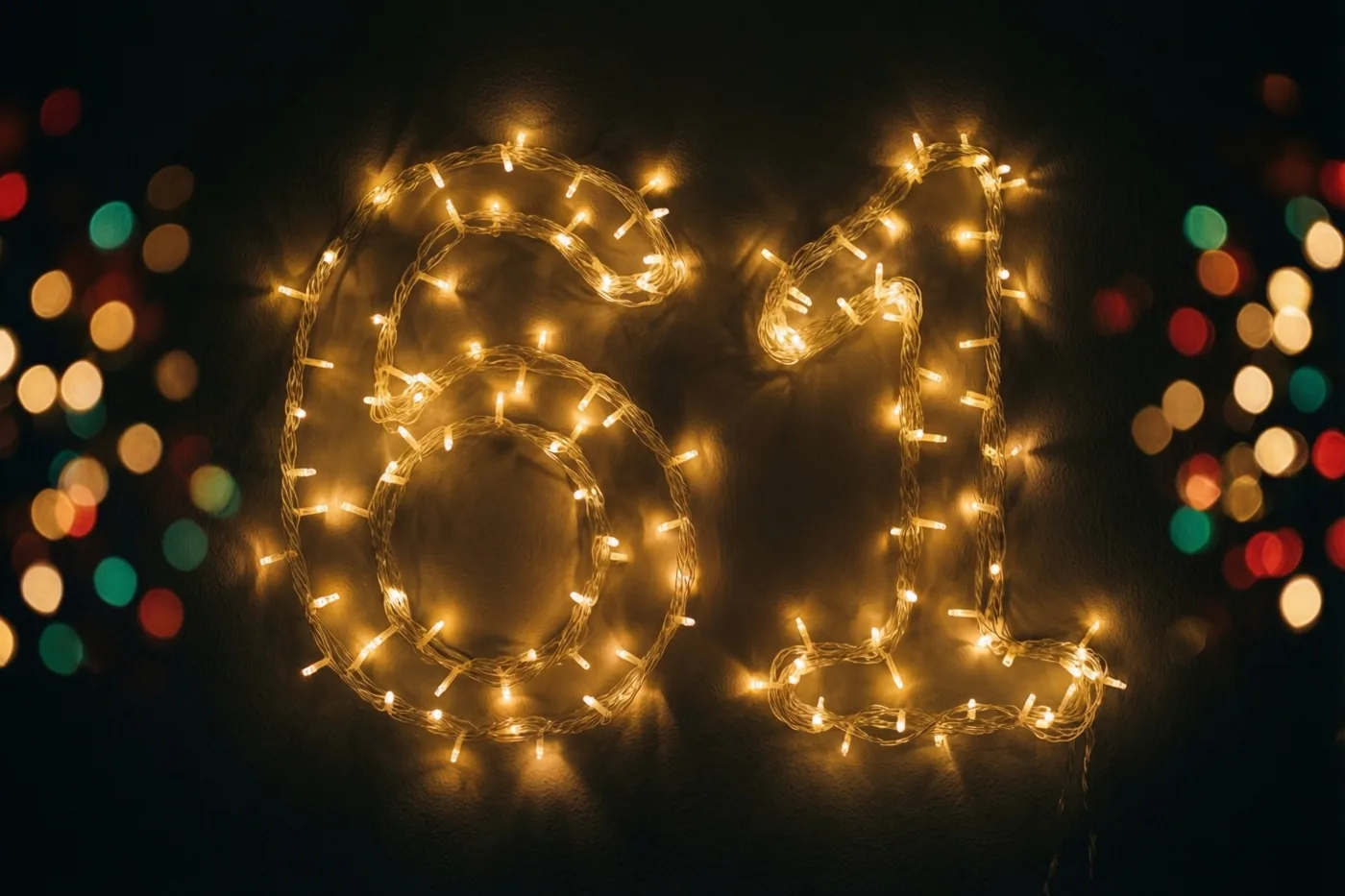 Warme lichtjes vormen 61 op een donkere muur, met wazige feestlichtjes op de achtergrond.