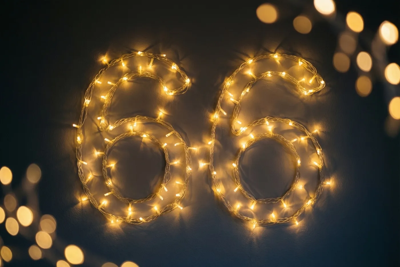Warme lichtslingers vormen het getal 66 op een donkere muur, met onscherpe lichtjes op de achtergrond.