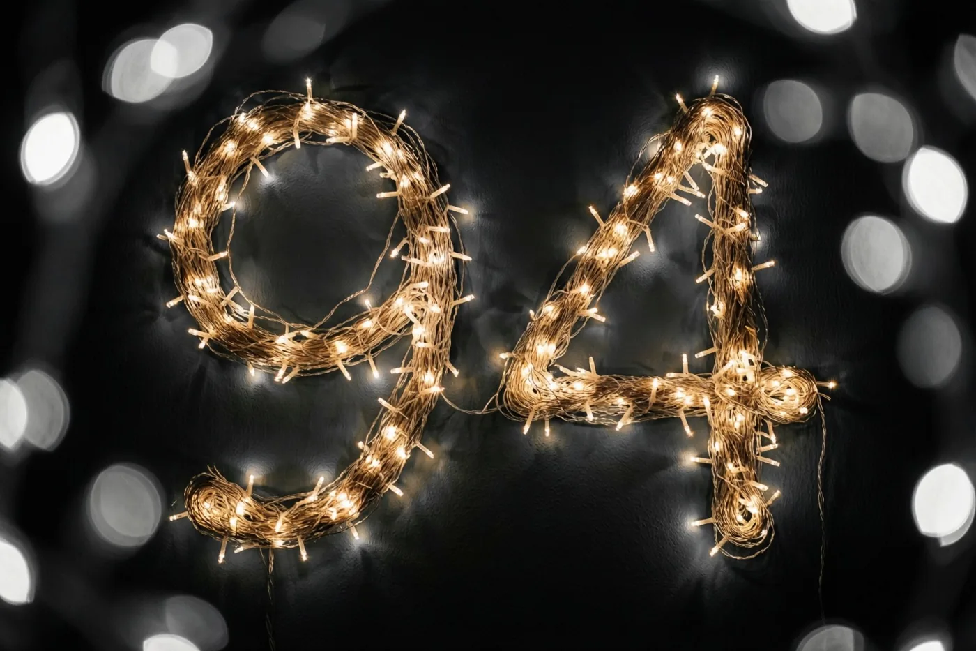 Warme lichtjes vormen 94 tegen een donkere muur, met onscherpe feestlichtjes op de achtergrond.